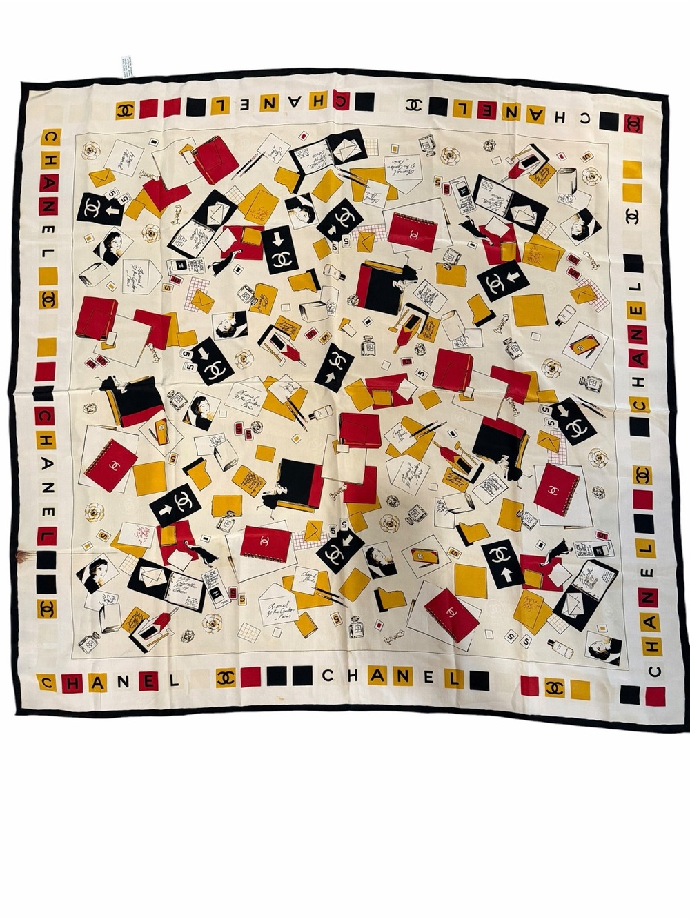 CHANEL Cream Silk Scarf with Red, Black & Yellow Motifs